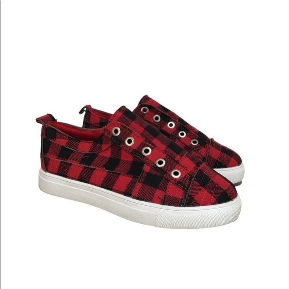 New Women’s Sneakers Red & Black Plaid Slip On Laceless Textile Upper Cushioned - Picture 3 of 10